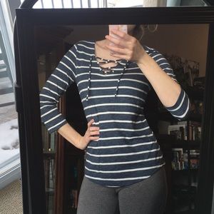 NWOT Navy Blue and White Striped Lace Up Top